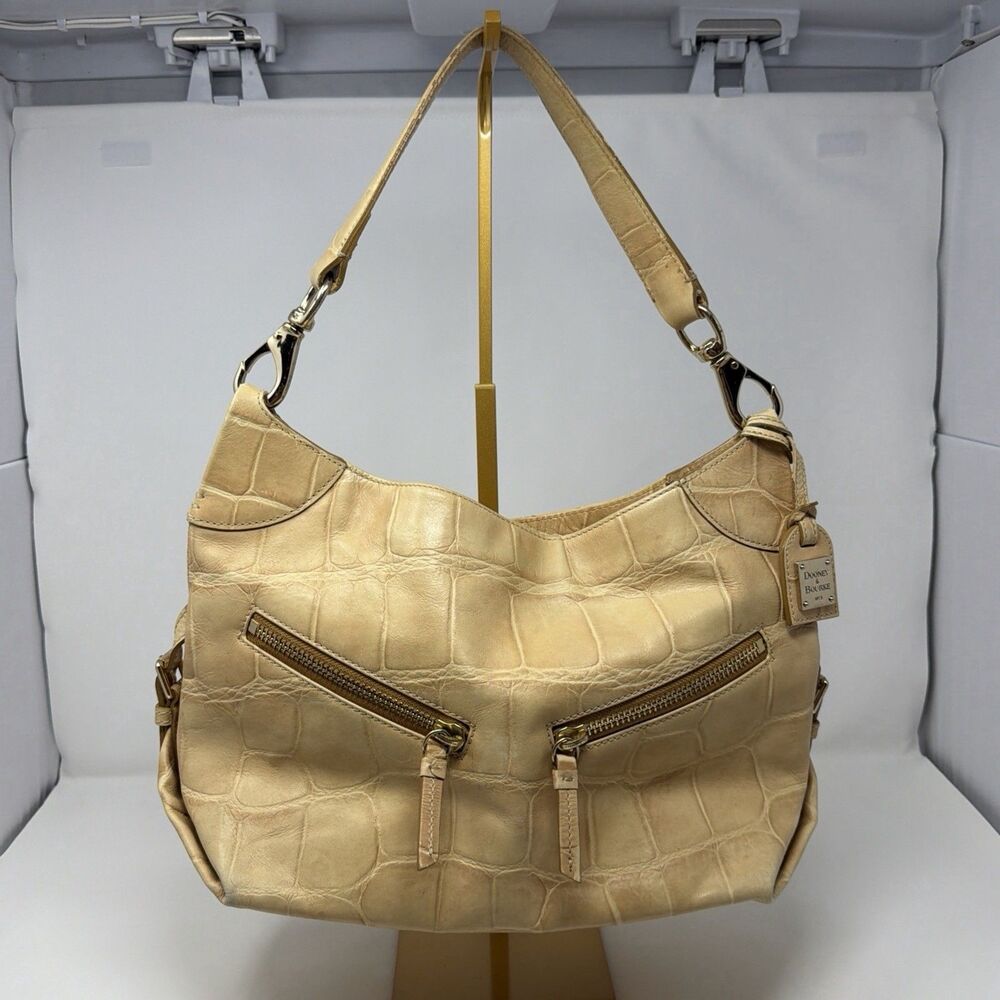 Dooney & Bourke Cinzia Croco Embossed Leather Hobo Shoulder Bag Beige Cream
